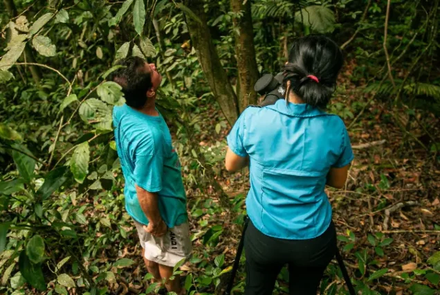 Two people in blue shirts standing in the Responsible and Sustainable Sloth Tour.