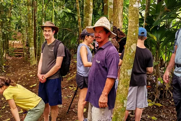 The Responsible and Sustainable Sloth Tour: A responsible group of people taking a Responsible and Sustainable Sloth Tour, standing on a trail in the jungle.