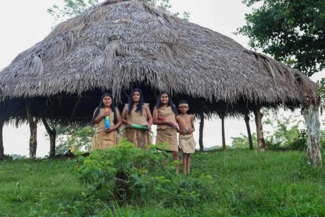 Four individuals in traditional Marama Toqu Ú attire standing in front of a thatched-roof hut.