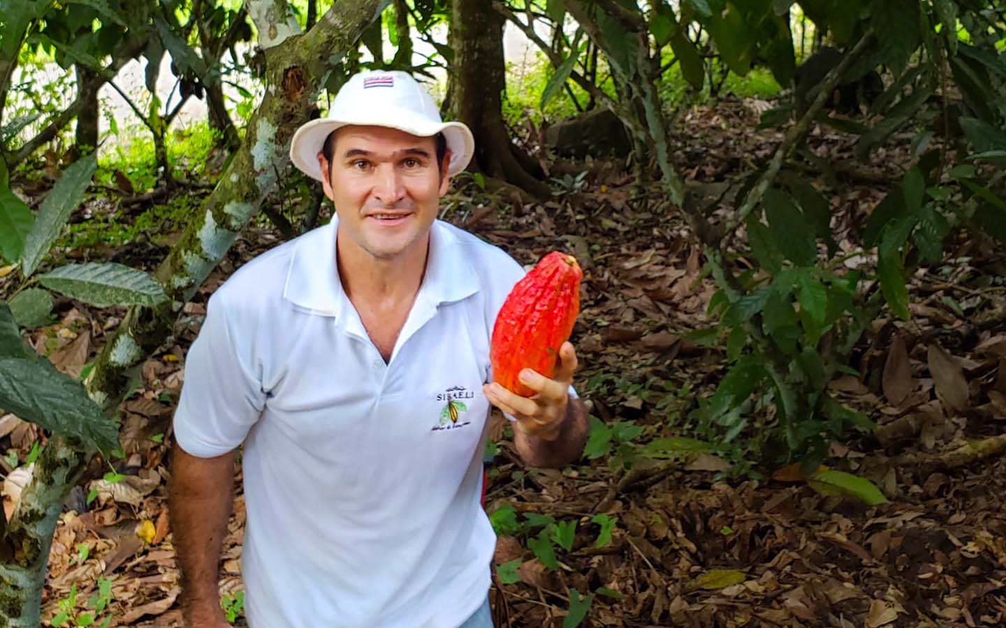 A men holding a cacao bean in his right hand