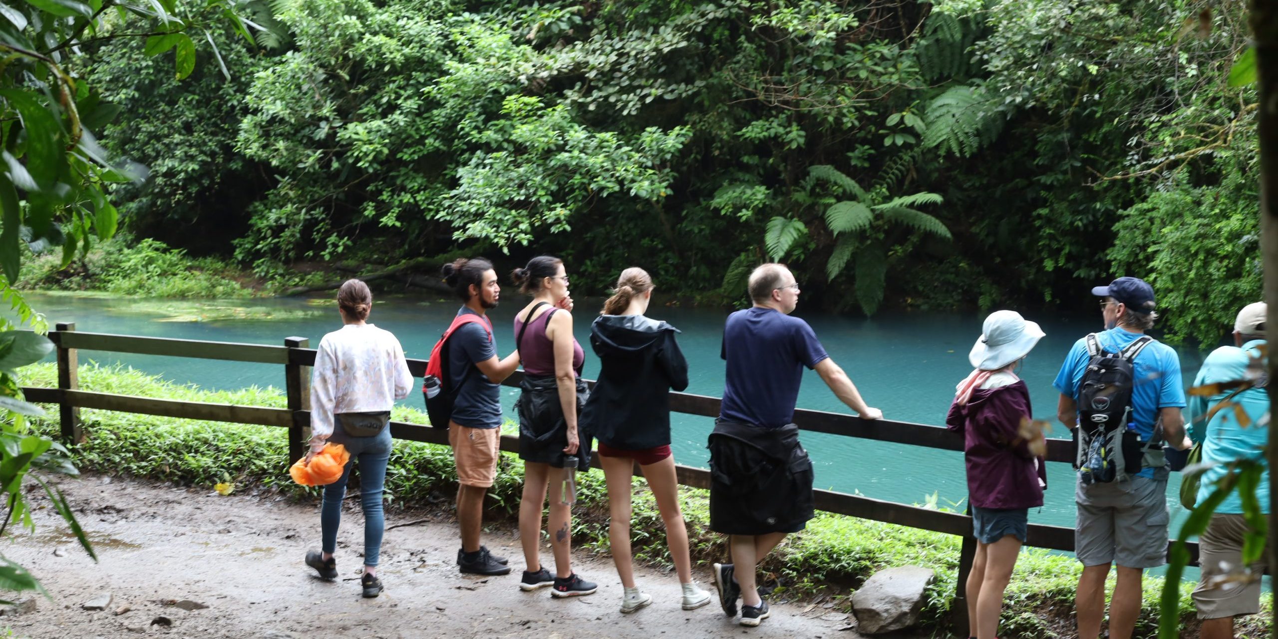 A group of tourists standing by a railing, overlooking the tranquil Rio Celeste Falls, surrounded by lush greenery in Costa Rica.