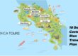 Illustrated map of Costa Rica in 10 days highlighting key destinations: Rincón de la Vieja, Río Celeste, Lago Arenal, Playa Samara, Volcán Poas, and San José. Titled "10 Day Costa Rica Travel Plan" by ONCA TOURS.