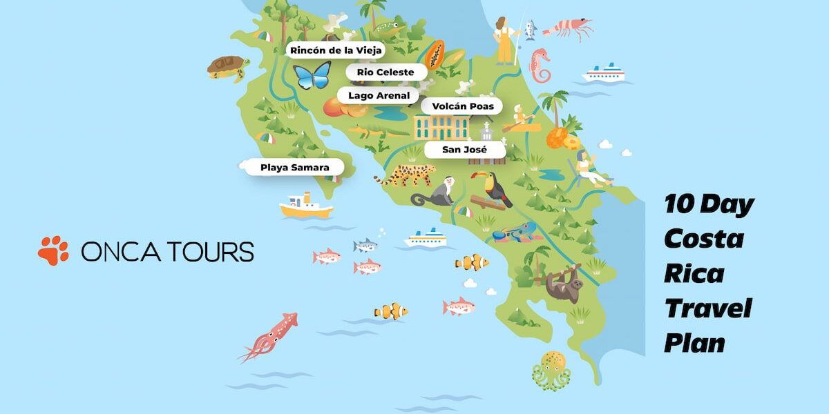 Illustrated map of Costa Rica in 10 days highlighting key destinations: Rincón de la Vieja, Río Celeste, Lago Arenal, Playa Samara, Volcán Poas, and San José. Titled “10 Day Costa Rica Travel Plan” by ONCA TOURS. Illustrated map of Costa Rica in 10 days highlighting key destinations: Rincón de la Vieja, Río Celeste, Lago Arenal, Playa Samara, Volcán Poas, and San José. Titled "10 Day Costa Rica Travel Plan" by ONCA TOURS.
