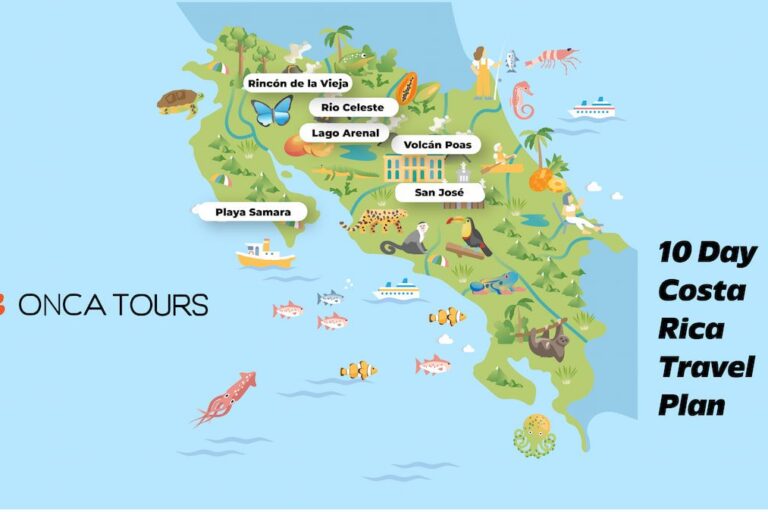 Illustrated map of Costa Rica in 10 days highlighting key destinations: Rincón de la Vieja, Río Celeste, Lago Arenal, Playa Samara, Volcán Poas, and San José. Titled “10 Day Costa Rica Travel Plan” by ONCA TOURS. Illustrated map of Costa Rica in 10 days highlighting key destinations: Rincón de la Vieja, Río Celeste, Lago Arenal, Playa Samara, Volcán Poas, and San José. Titled "10 Day Costa Rica Travel Plan" by ONCA TOURS.