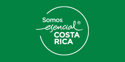 White text on green background reads "Somos esencial Costa Rica" with a circular design.