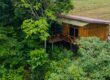 A wooden cabin with a porch stands elevated among dense green trees at the edge of a cleared grassy field, inviting visitors to wonder about nature’s mysteries—much like pondering why Rio Celeste is blue.