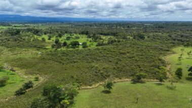 Aerial view of a vast, green rural landscape with scattered trees and grassy fields under a cloudy sky—perfect for Costa Rica birdwatching enthusiasts.