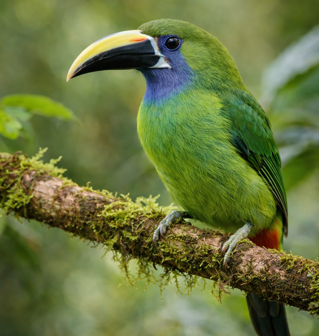 A green toucanet with a yellow and black bill, one of Costa Rica’s vibrant toucans, perched on a mossy branch in a lush, green forest.