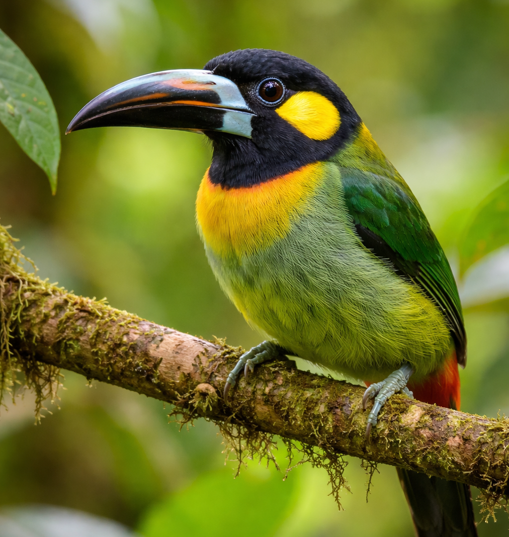 A colorful toucan, one of Costa Rica’s iconic birds, with a black beak, yellow face, green body, and orange-red belly, perched on a mossy branch in a lush forest.